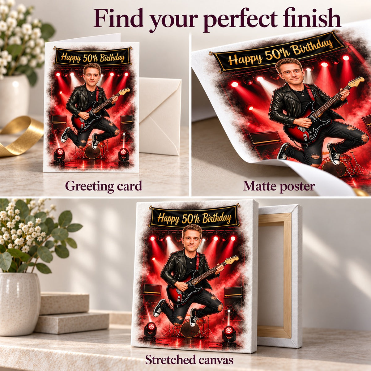 Details of card, matte poster, and stretched canvas finishes with vivid red stage lighting.