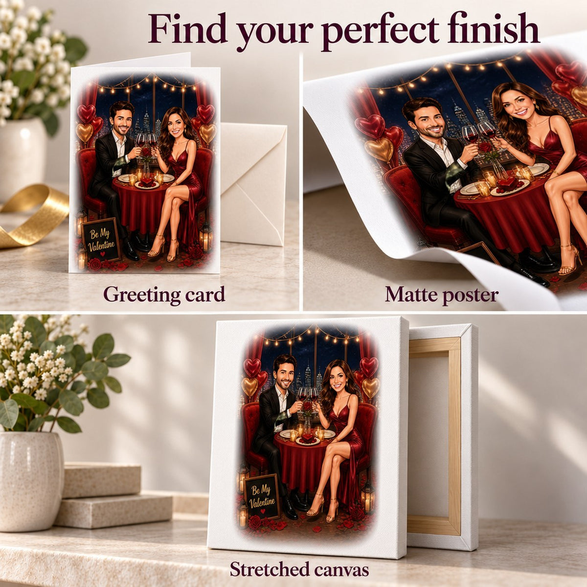 Greeting card, matte posters, and stretched canvases shown with vivid colors.