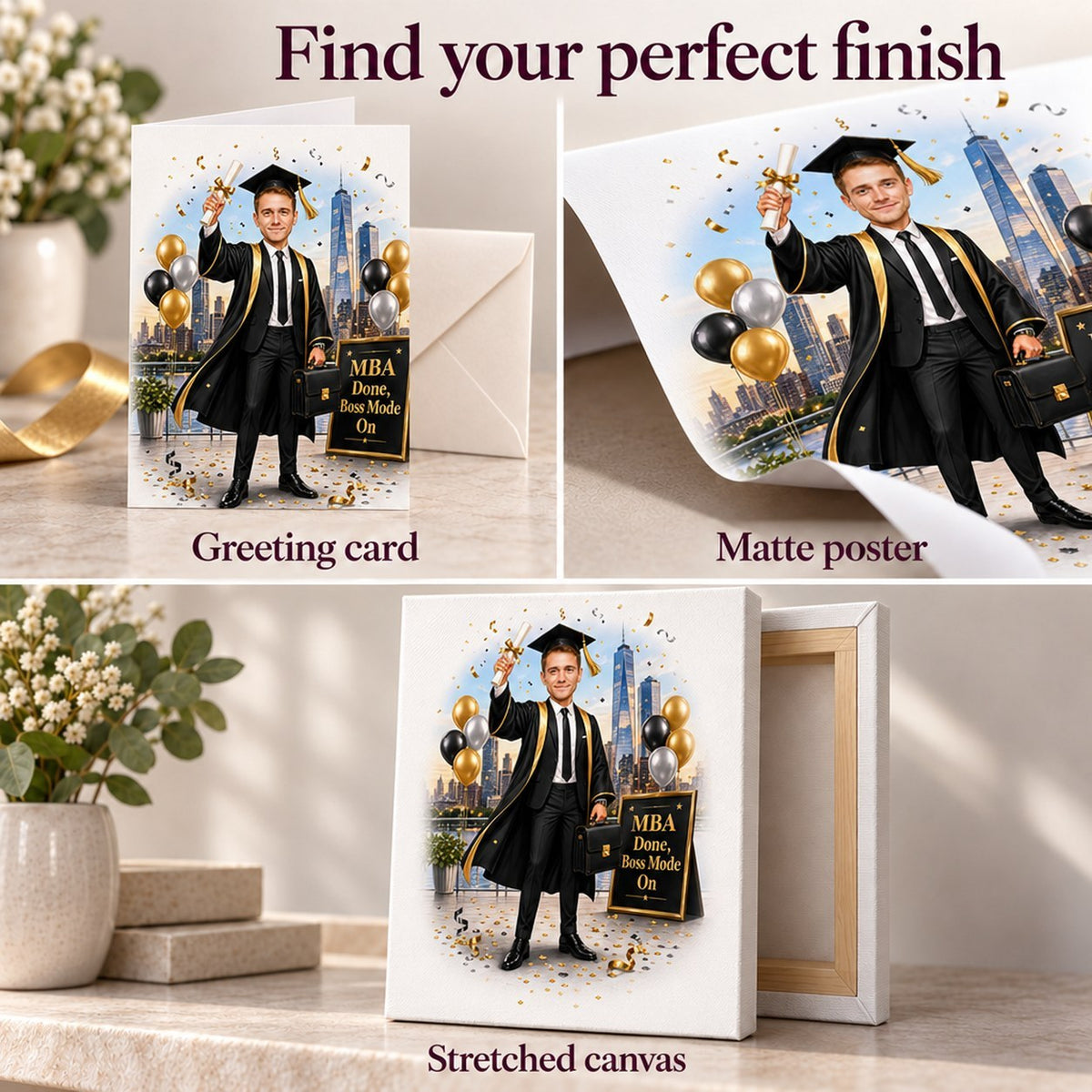 Greeting card, matte poster, and stretched canvas finish options in black and gold.