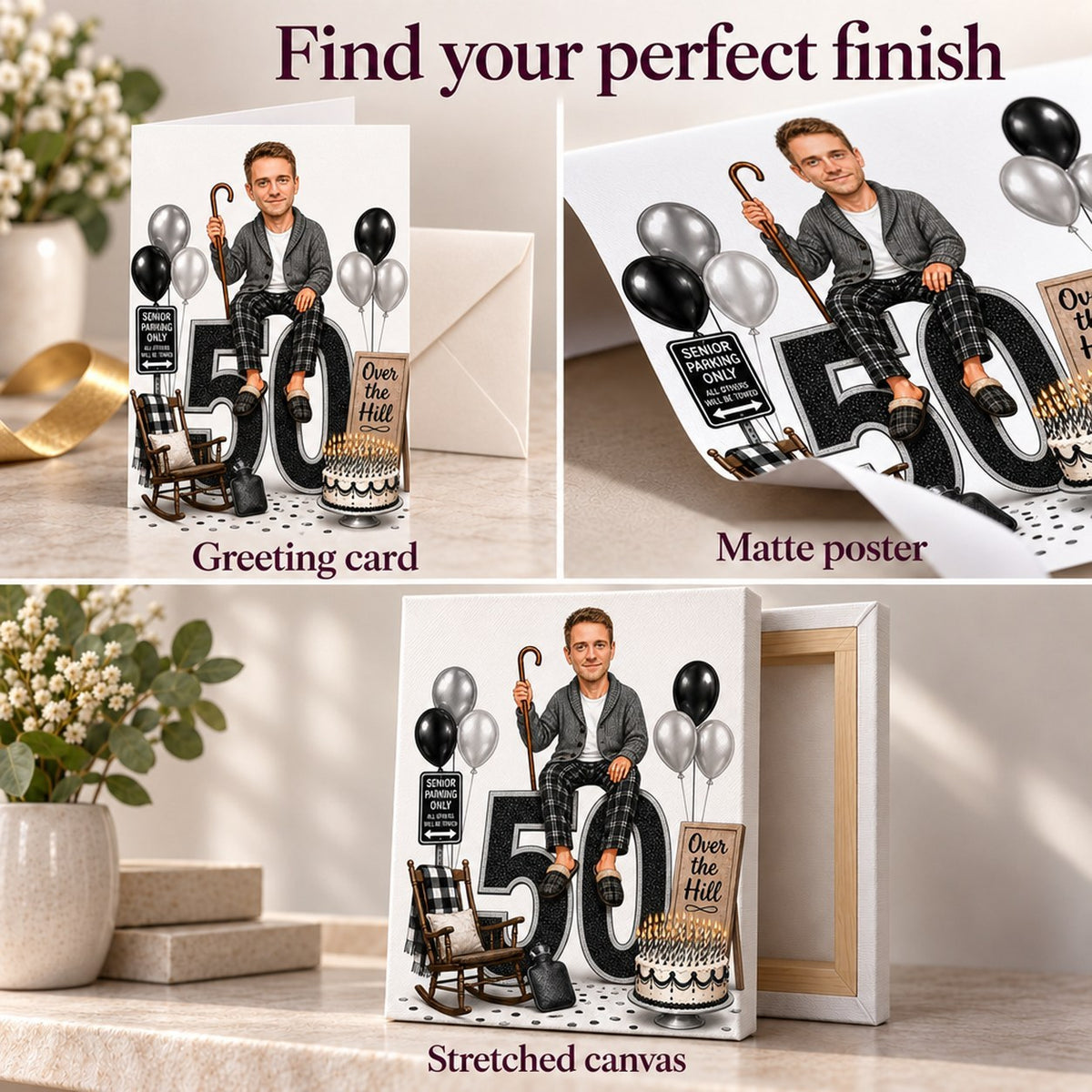 Greeting card, matte poster, and stretched canvas finish and texture details.