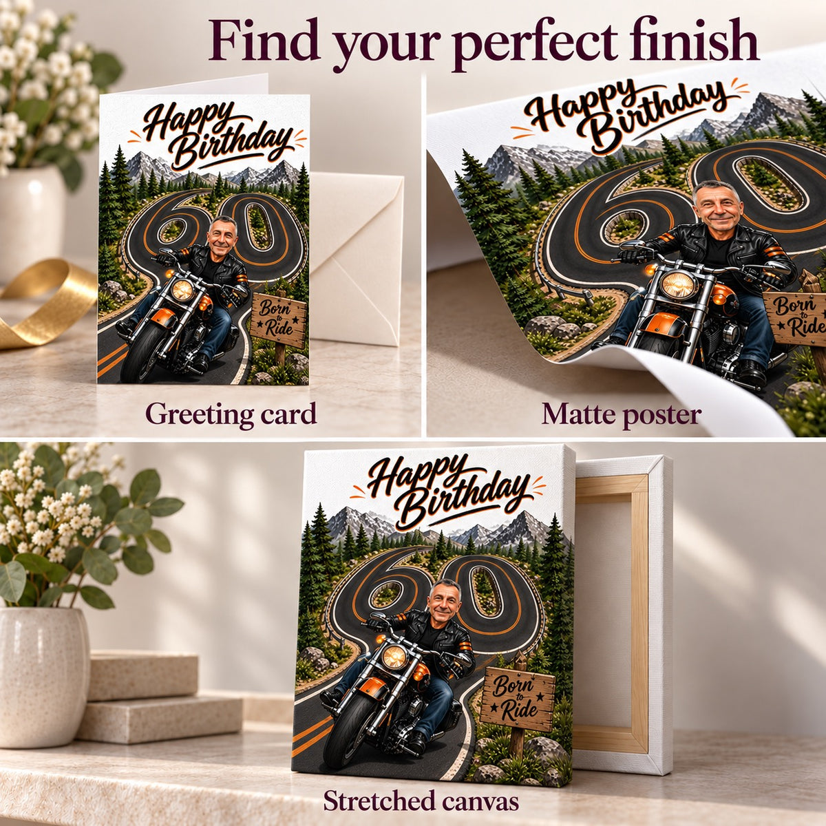 Detail view of matte poster, greeting card with envelope, and stretched canvas finish.