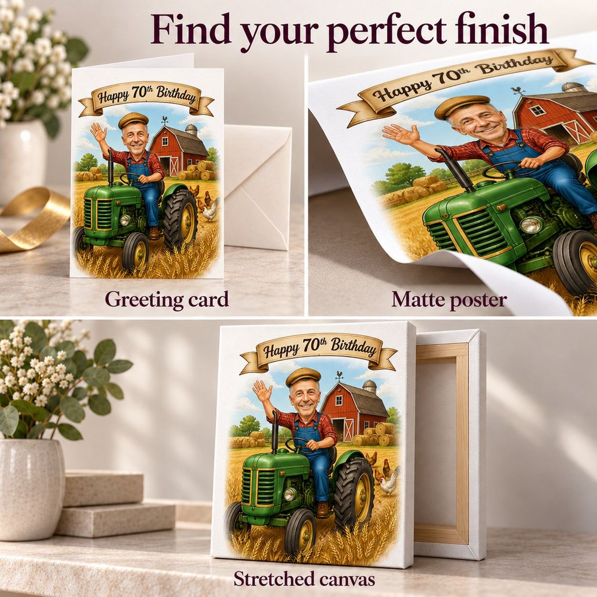 Matte poster, greeting card with envelope, and stretched canvas close-up textures.