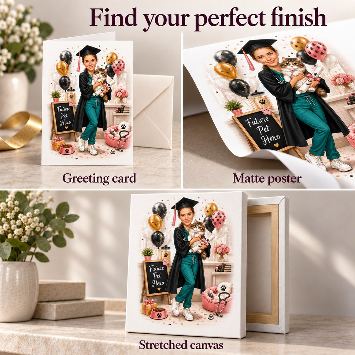 Matte poster, 5x7 card with envelope, and stretched canvas showing vivid colors and detail texture.