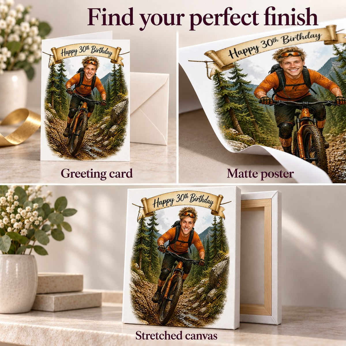 Card, matte poster unframed, stretched canvas ready to hang, plus downloadable digital file options.