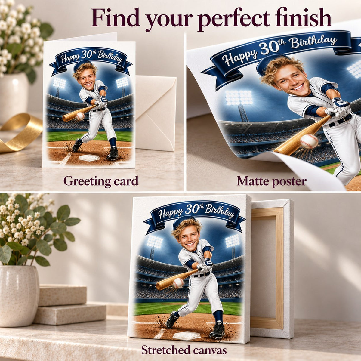 Closeups of greeting card, matte poster and stretched canvas finishes for baseball design
