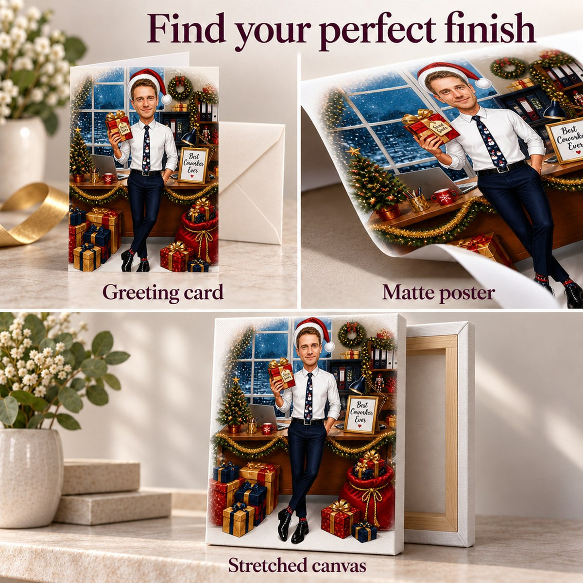 Closeups of greeting card, matte poster paper, and ready-to-hang canvas edges