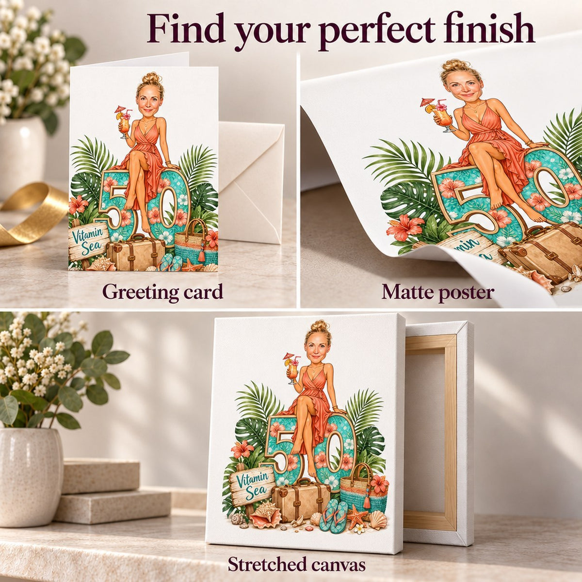 Matte poster, stretched canvas texture, and folded greeting card with envelope.