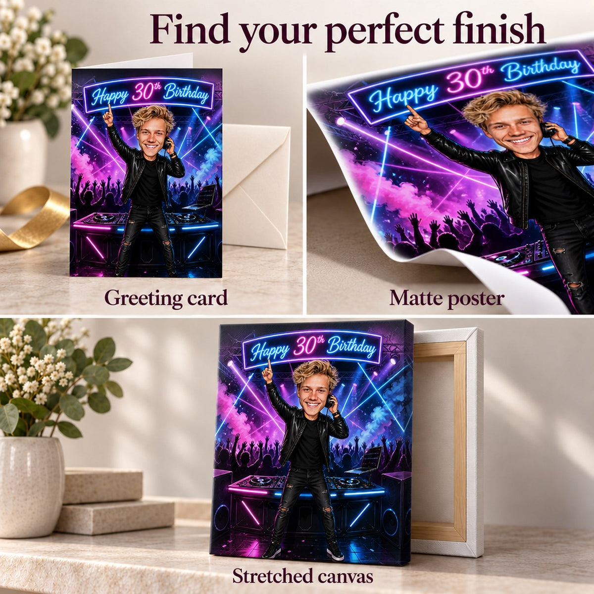 Closeup of card, matte poster and ready-to-hang canvas textures and vibrant neon colors.