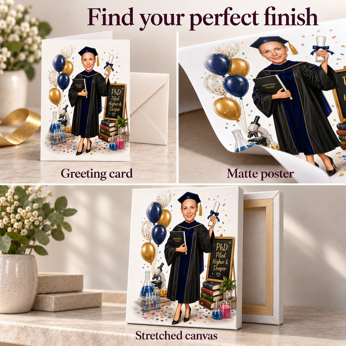Matte poster, stretched canvas, and 5x7 greeting card finishes shown side by side