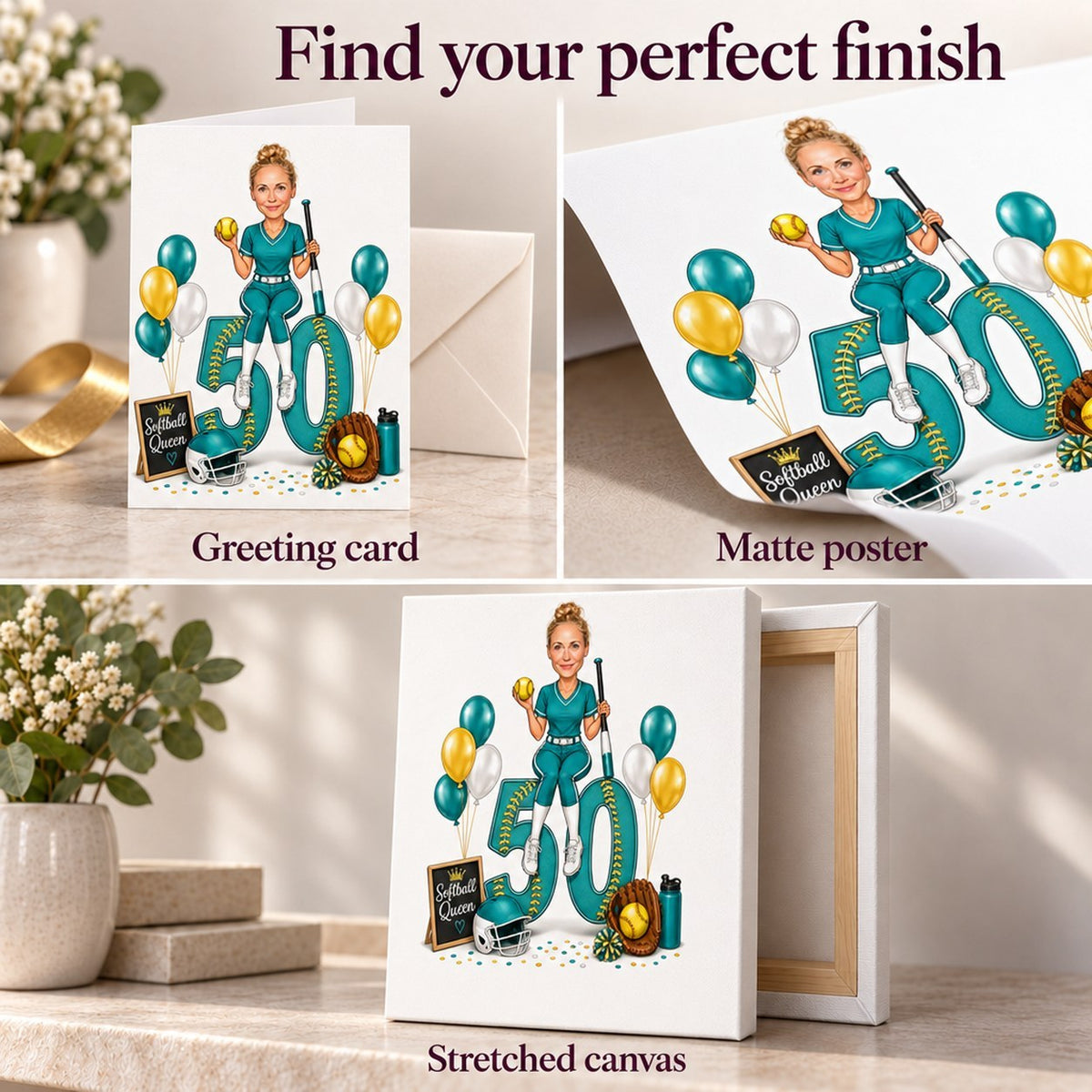 Closeup of greeting card, matte poster, and stretched canvas finishes side by side.