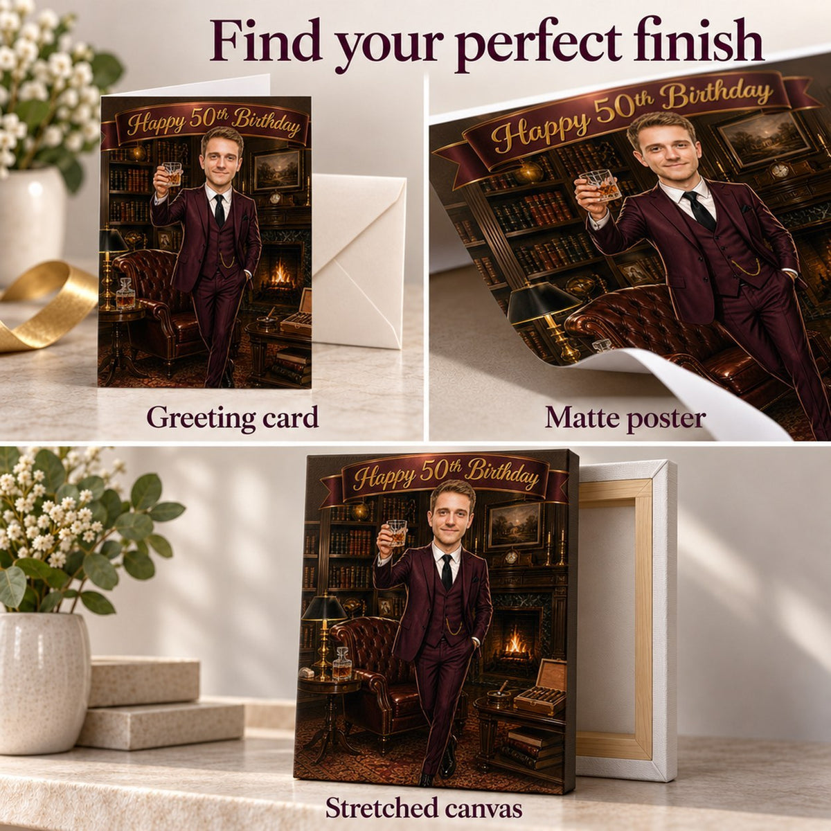 Closeups of greeting card, matte poster surface, and stretched canvas edges and texture.