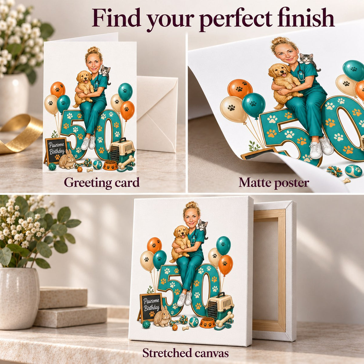Closeups of 5x7 card, matte poster surface and stretched canvas edges