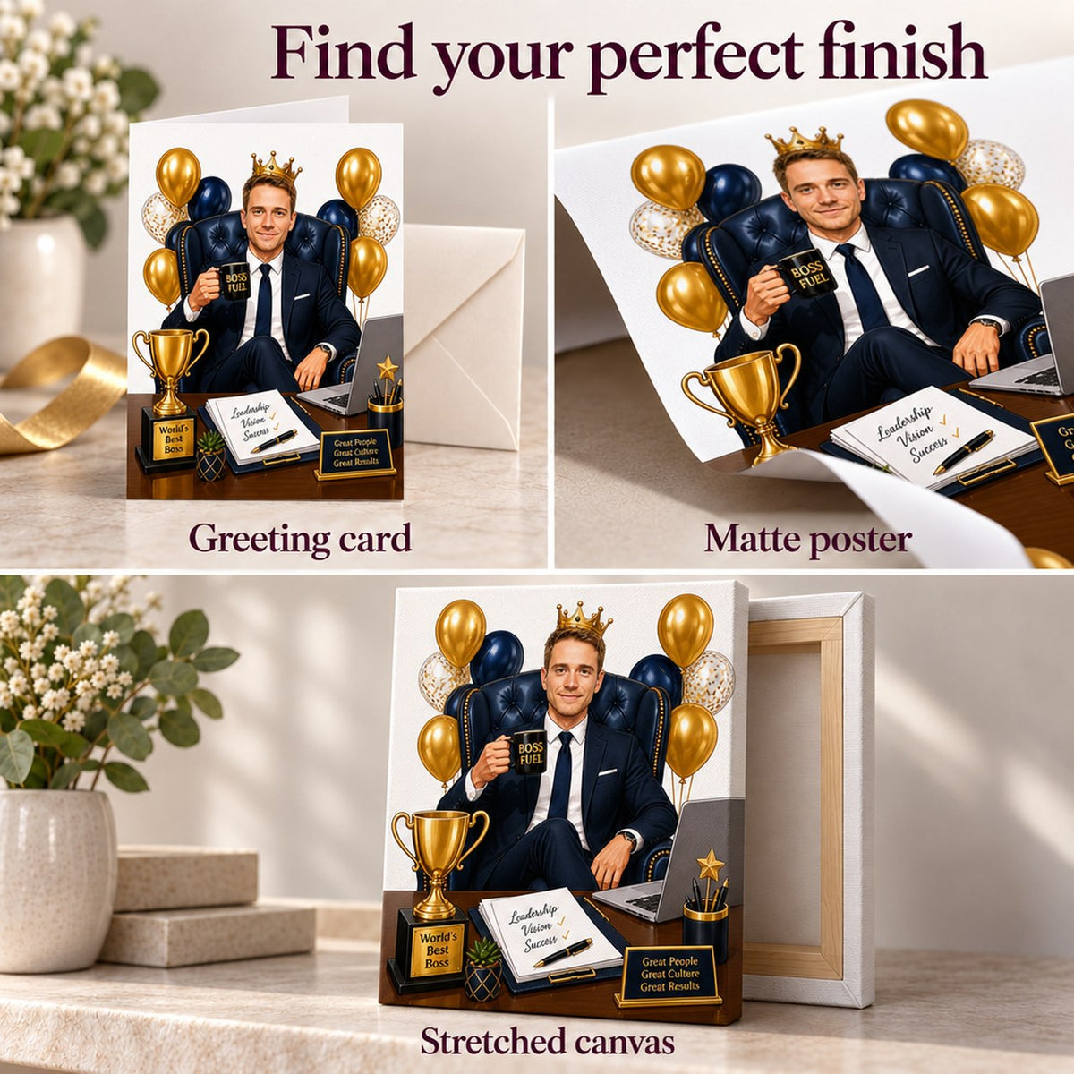 Matte poster, stretched canvas, and 5x7 greeting card finishes displayed together.