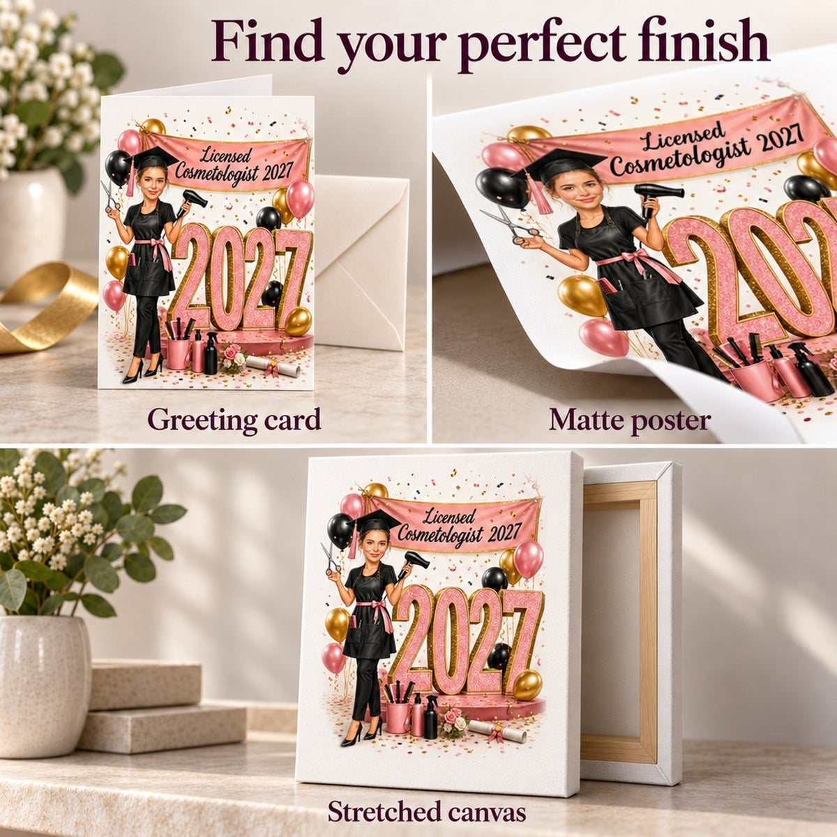 Card, matte poster, and stretched canvas finishes for the cosmetology graduation caricature