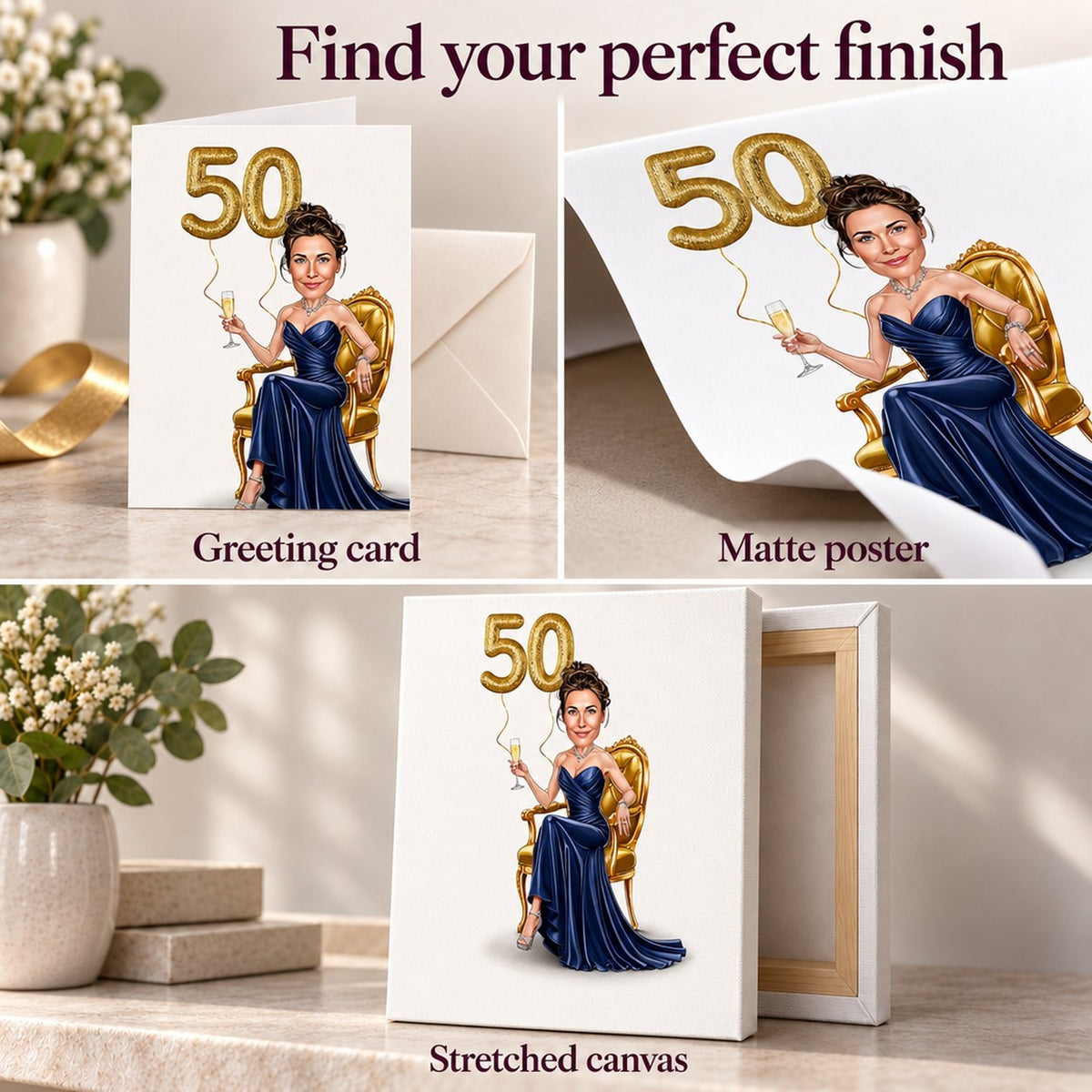 Matte poster, stretched canvas, and 5x7 greeting card shown side by side.