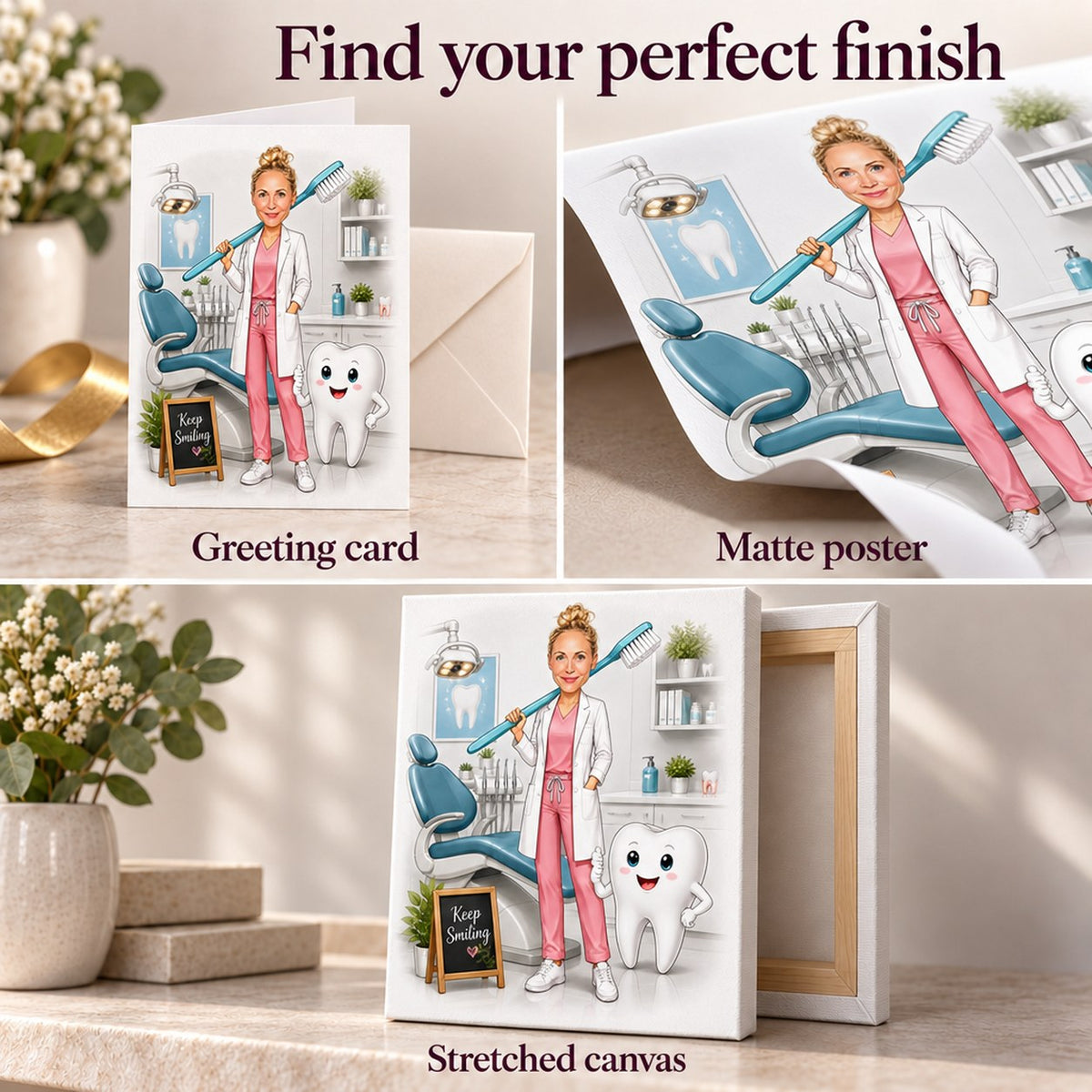 Greeting card, matte poster, and stretched canvas finish options shown up close.