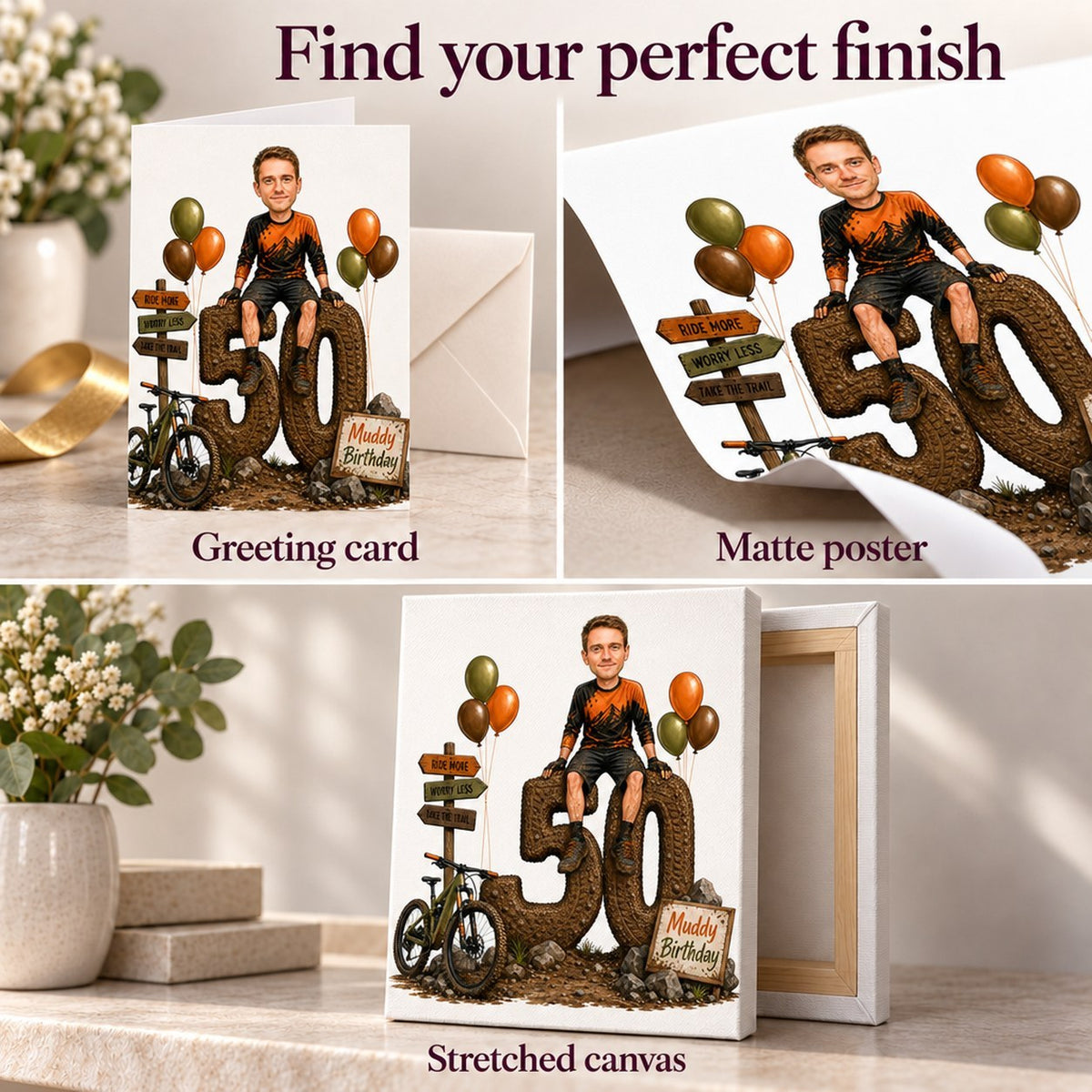Matte poster, stretched canvas edges, and folded 5x7 greeting card with envelope
