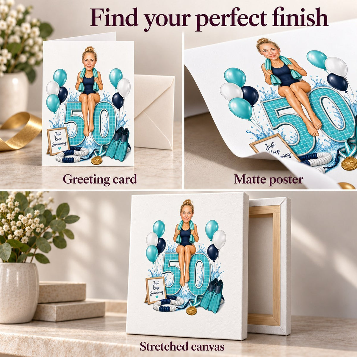 Matte poster, 5x7 card, and stretched canvas finishes for custom swimmer caricature.