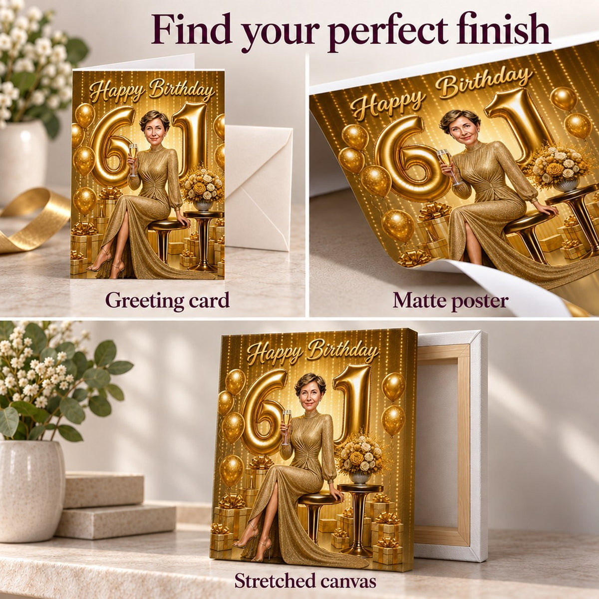 Closeups of greeting card, matte poster paper, and stretched canvas edges and texture.