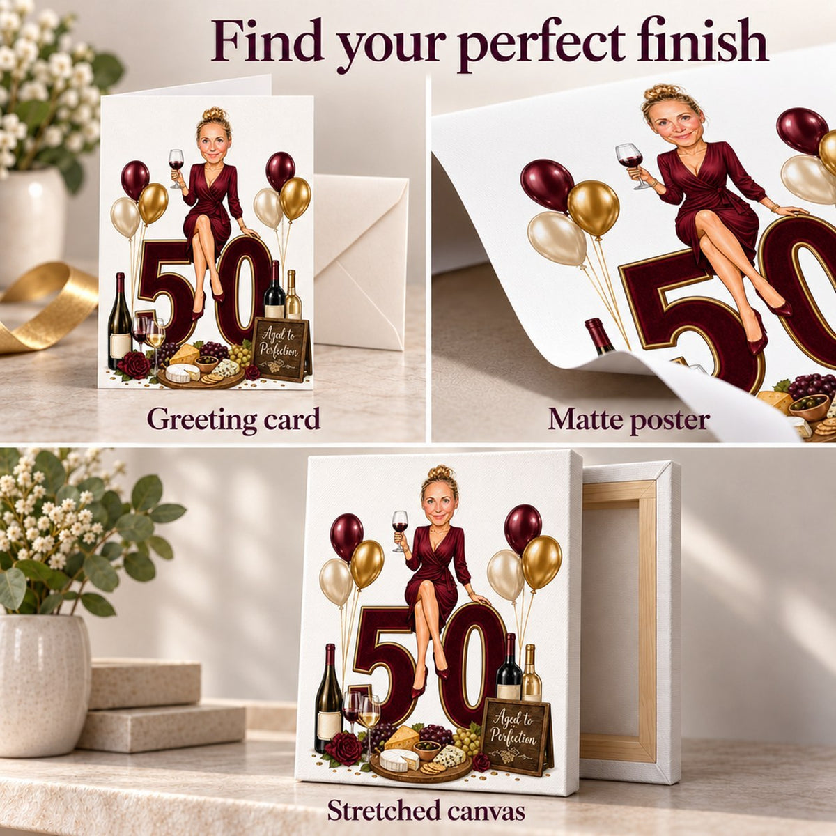 Closeup of greeting card, matte poster print, and ready-to-hang stretched canvas finishes.