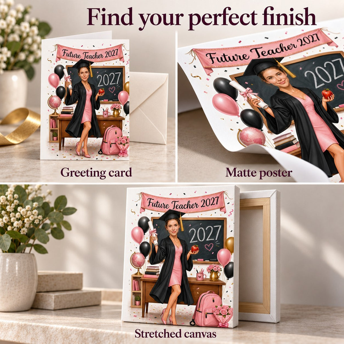 Close-ups of greeting card, matte poster, and stretched canvas finish for the teacher caricature.