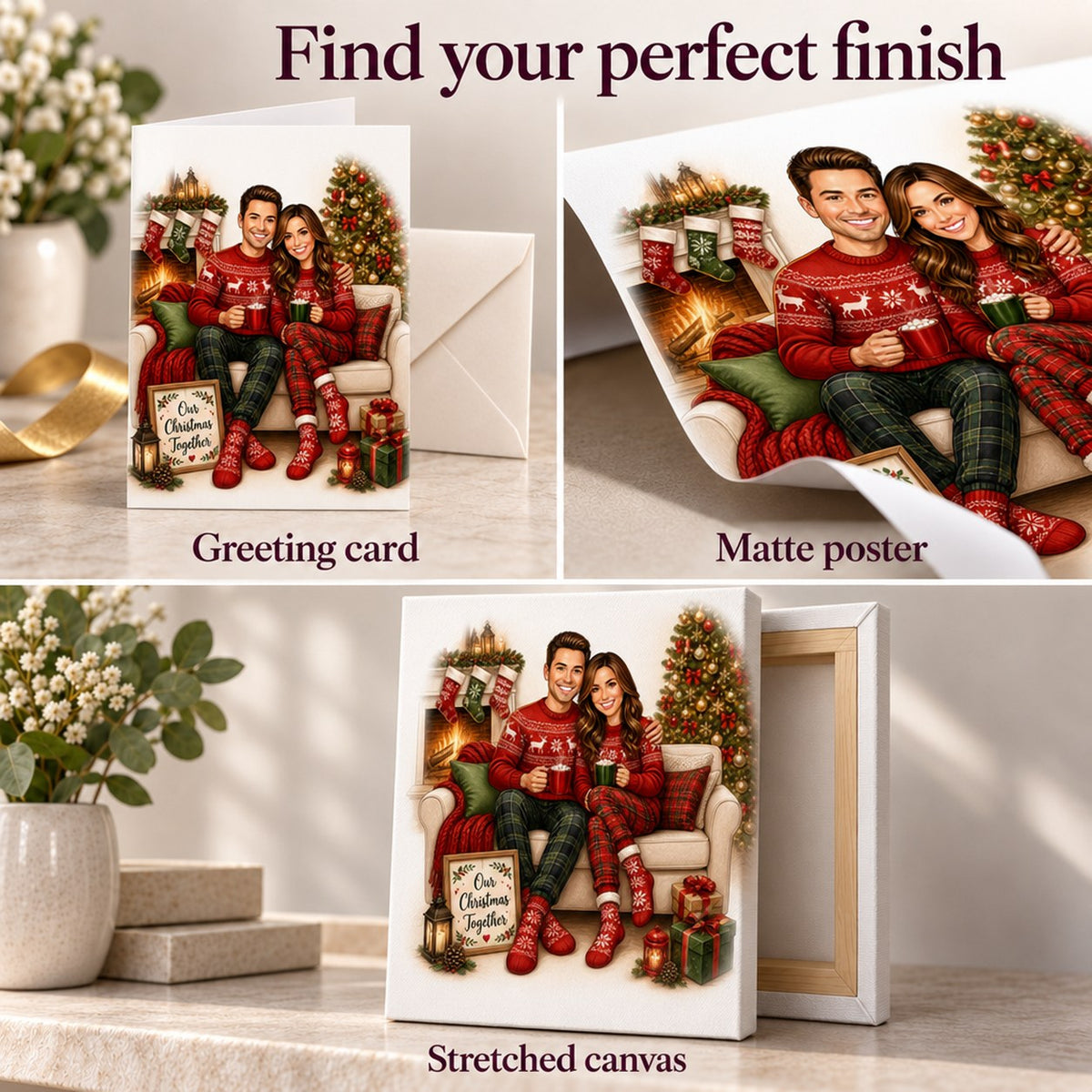 Matte poster, greeting card with envelope, and stretched canvas ready to hang.