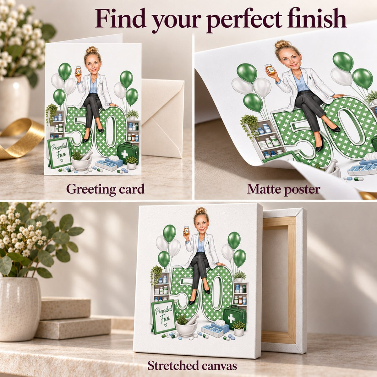 Close-ups of card, matte poster, and stretched canvas texture and edges.