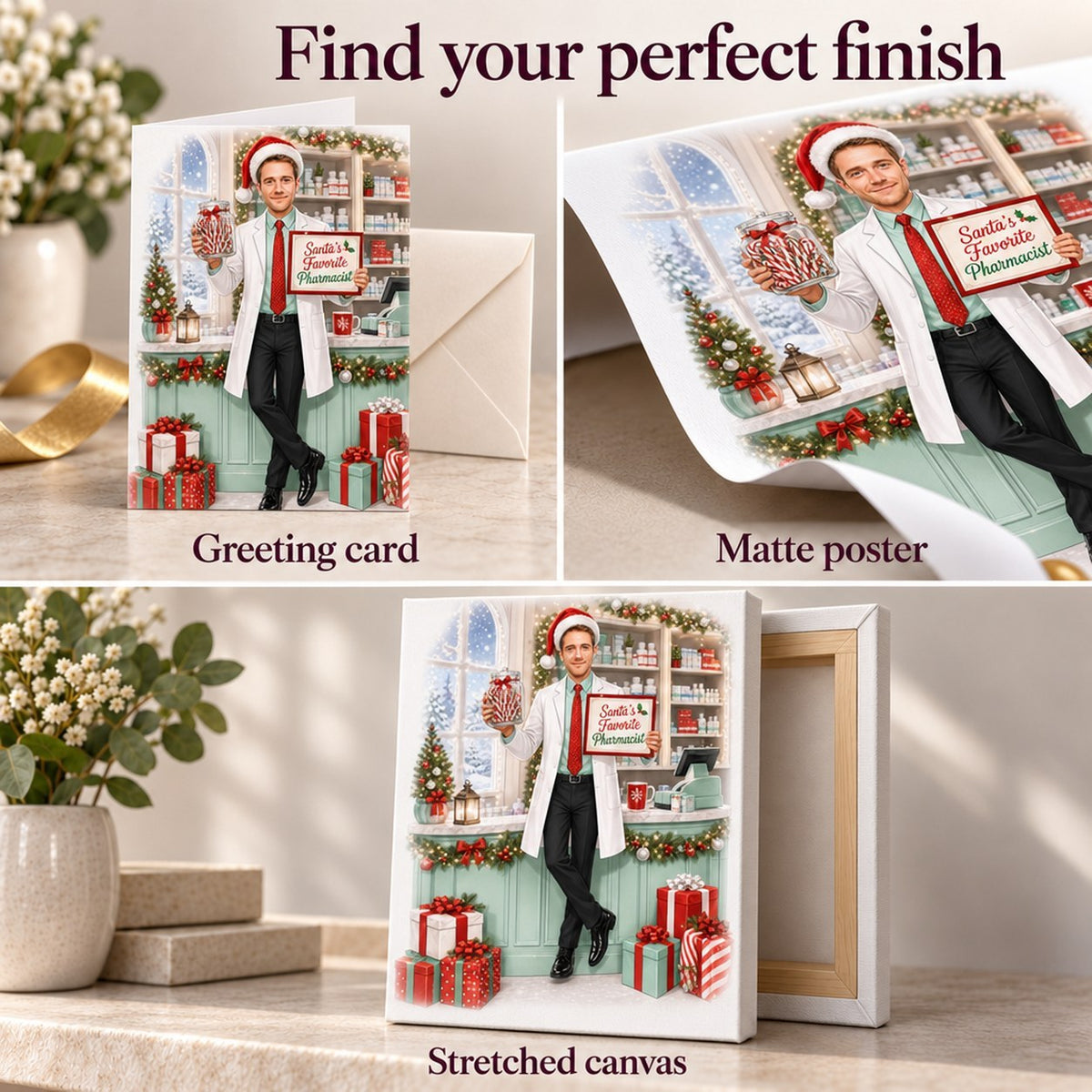 Card, matte poster, and stretched canvas finish details for pharmacist holiday artwork.