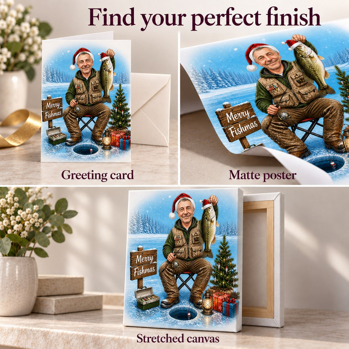Closeups of card, matte poster, and ready-to-hang canvas print surface and texture