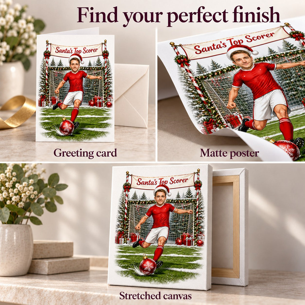 Detail views of greeting card, matte poster, and stretched canvas print finishes.