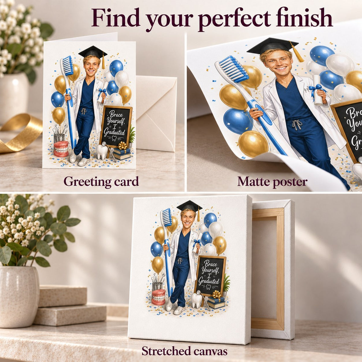 Greeting card, matte poster, and stretched canvas options for dental graduation caricature.
