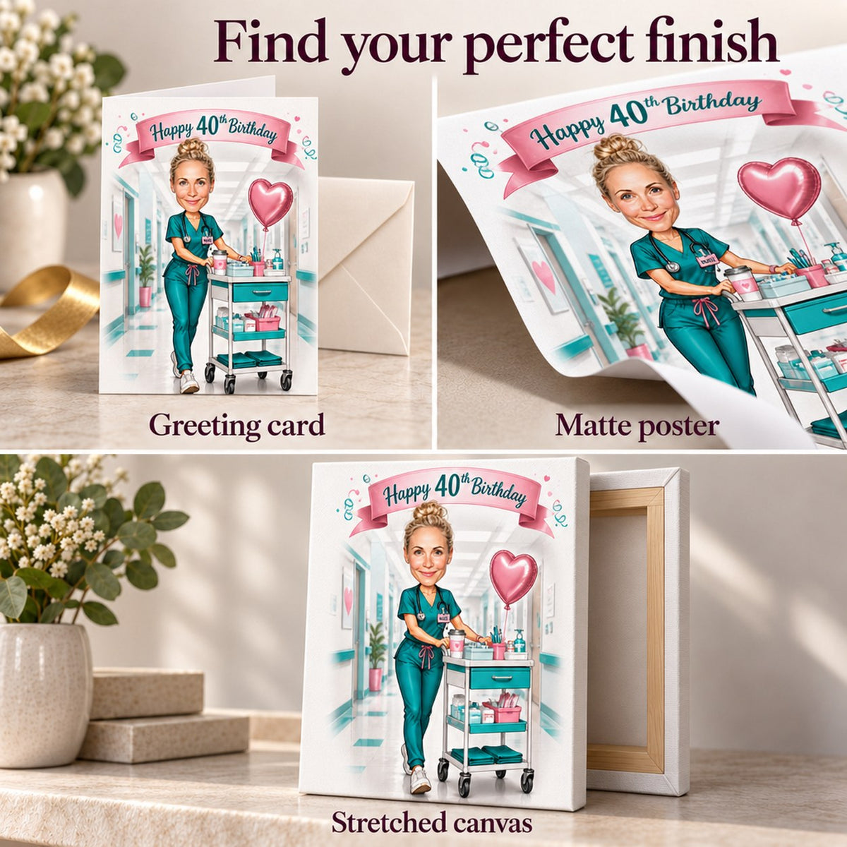 Closeup of card, matte poster, and stretched canvas with teal and pink details.