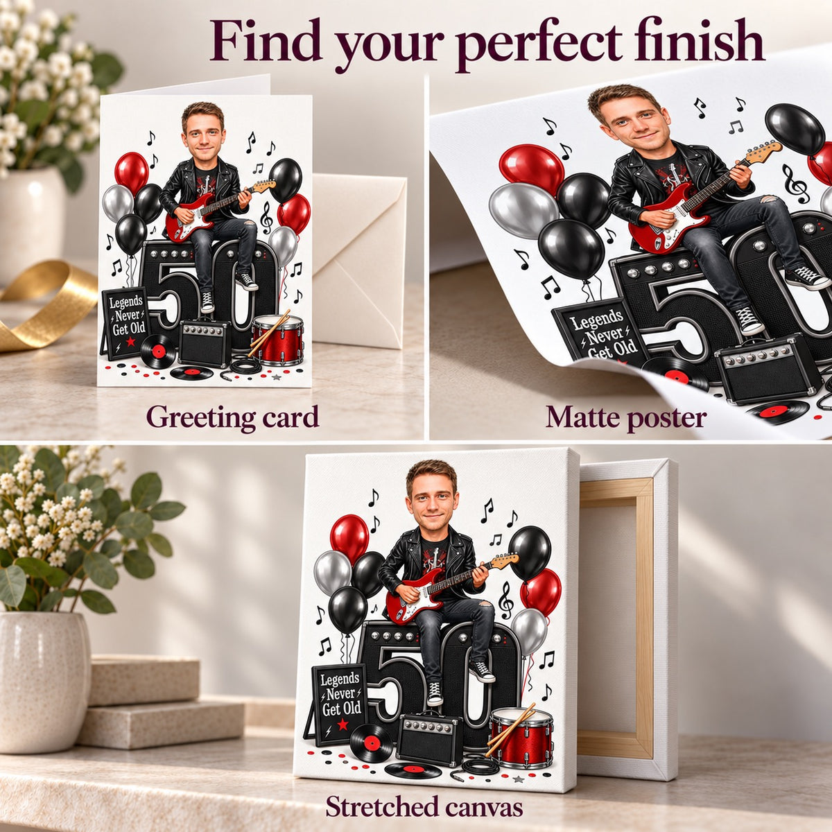 Greeting card, matte poster, and stretched canvas finish options for the rock caricature.
