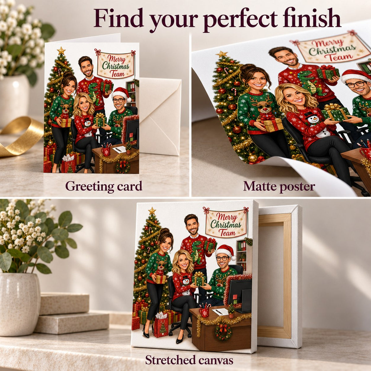Greeting card with envelope, matte poster and stretched canvas finish options shown together