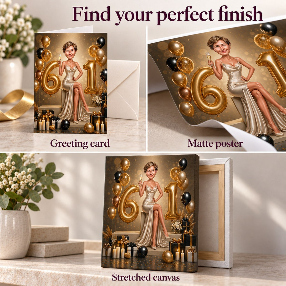 Closeups of matte poster, stretched canvas, and folded greeting card finishes.