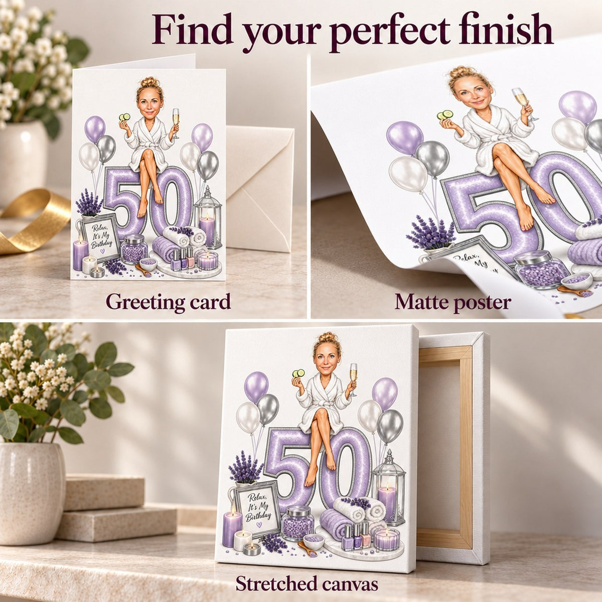 Closeups of greeting card, matte poster, and stretched canvas edges and texture.