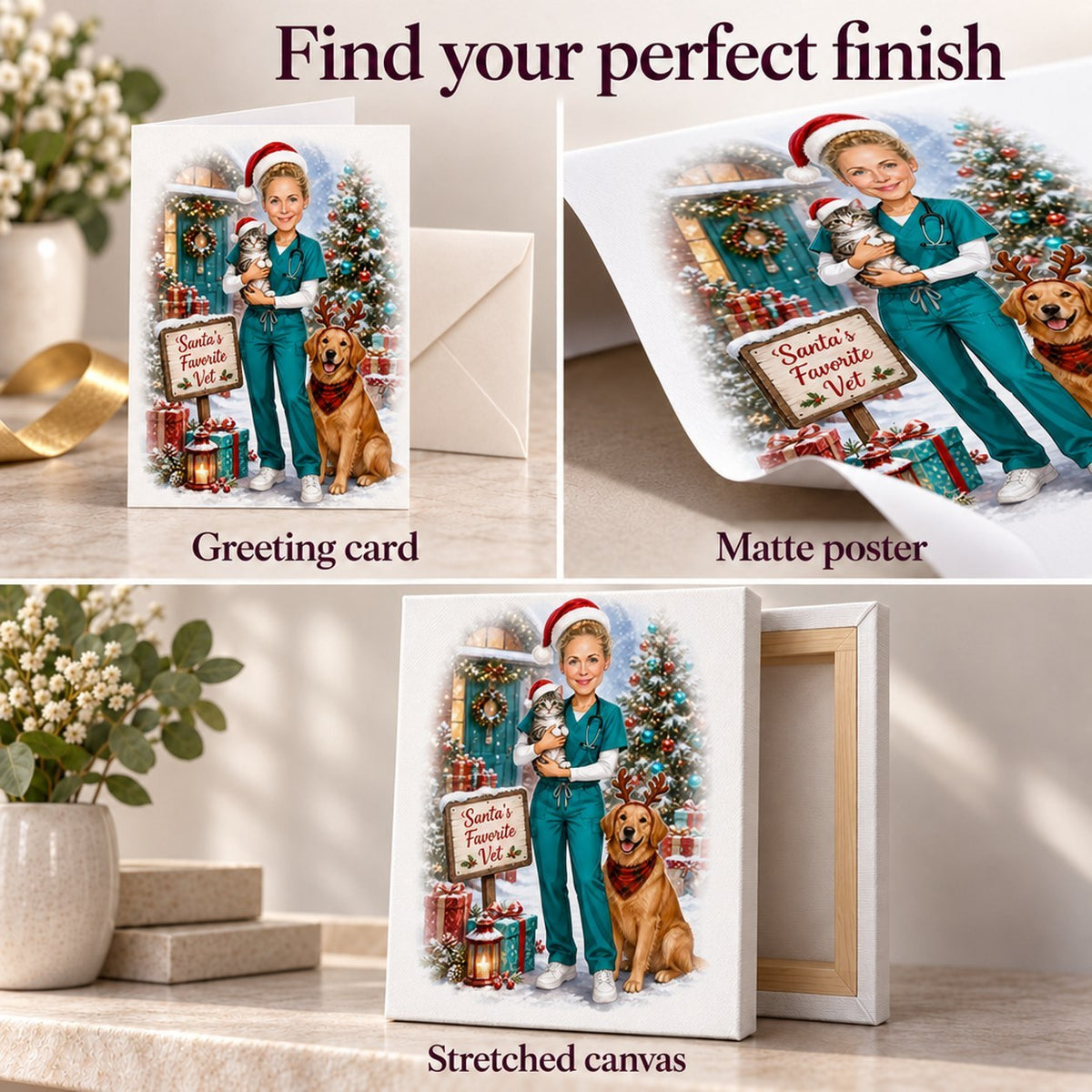 Greeting card with envelope, matte poster unframed, stretched canvas ready to hang.