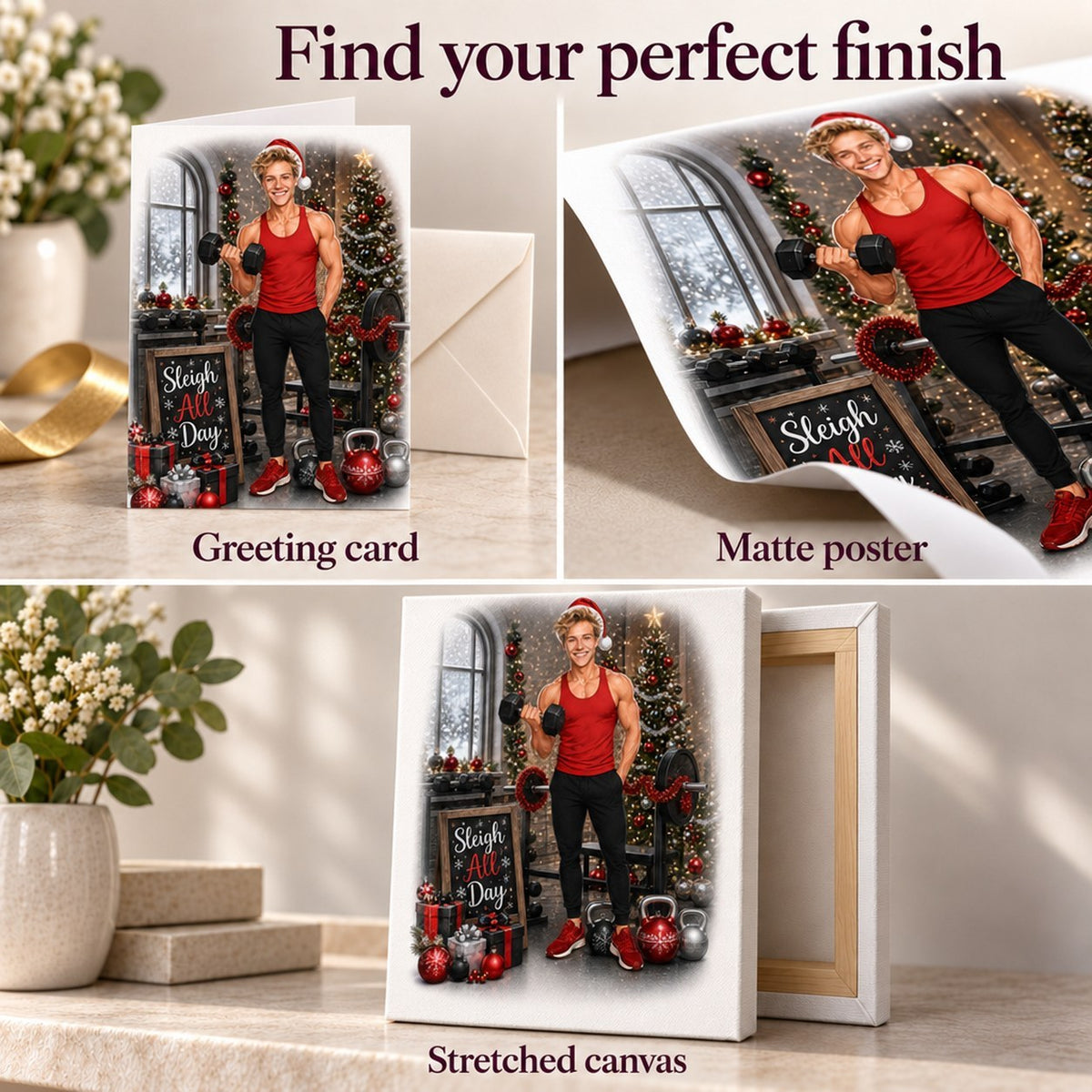 Matte poster, 5x7 greeting card with envelope, and stretched canvas ready to hang shown.