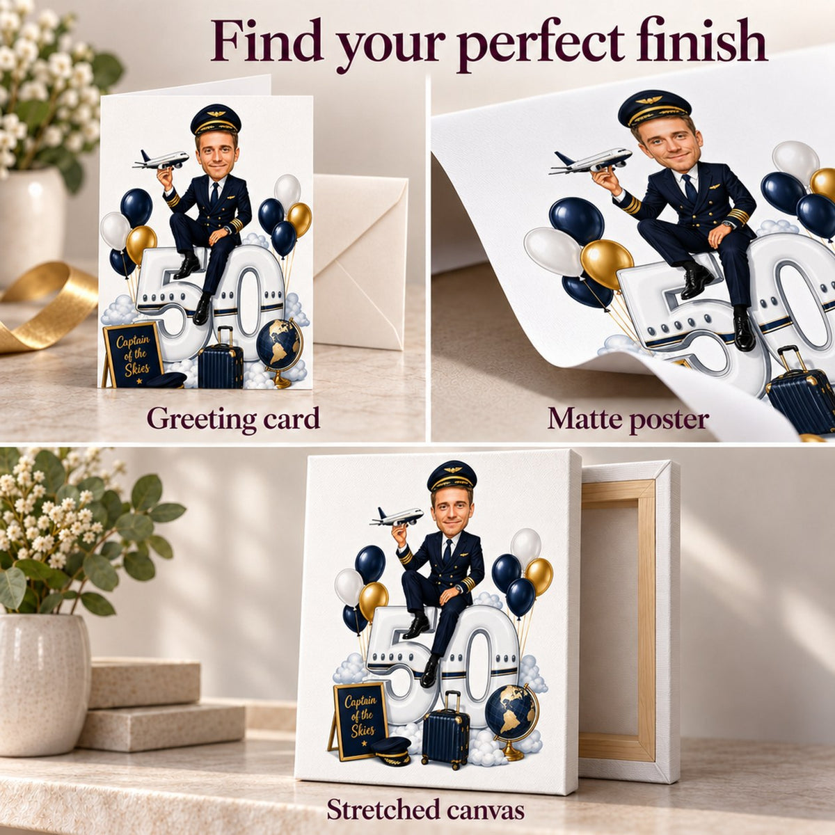 Closeups of greeting card, matte poster, and stretched canvas finishes for pilot caricature.