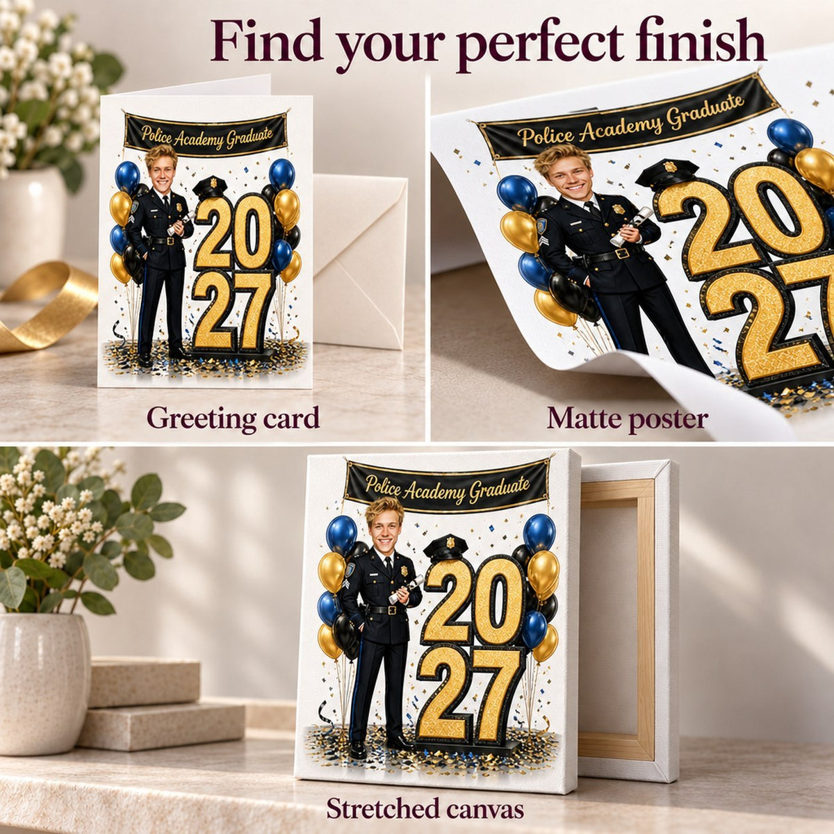 Closeups of greeting card paper, matte poster print, and stretched canvas edges and texture.