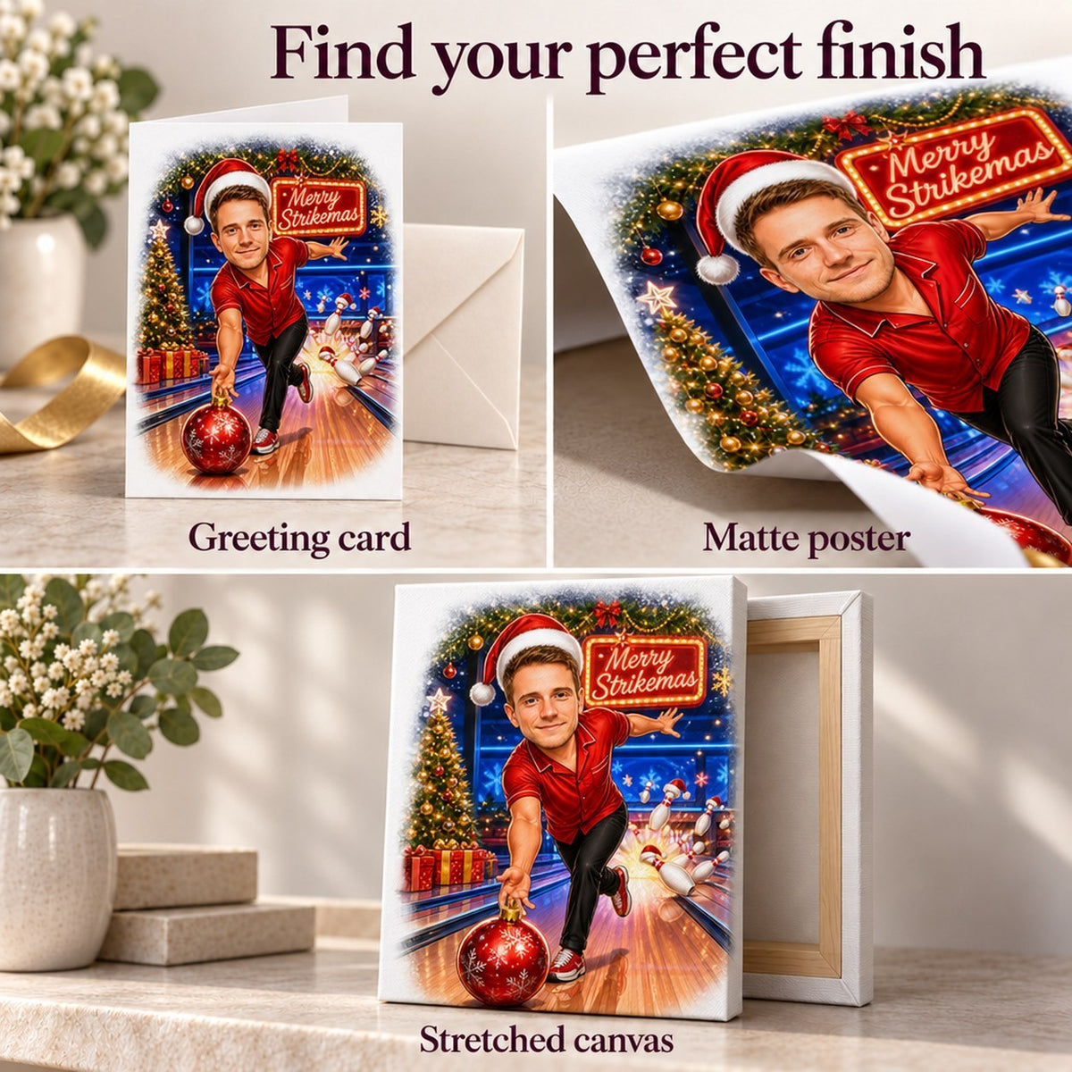 Close-ups of greeting card, matte poster, and stretched canvas print textures and edges