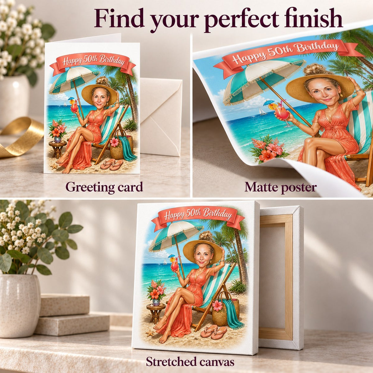 Matte poster texture, 5x7 greeting card with envelope, and ready-to-hang stretched canvas