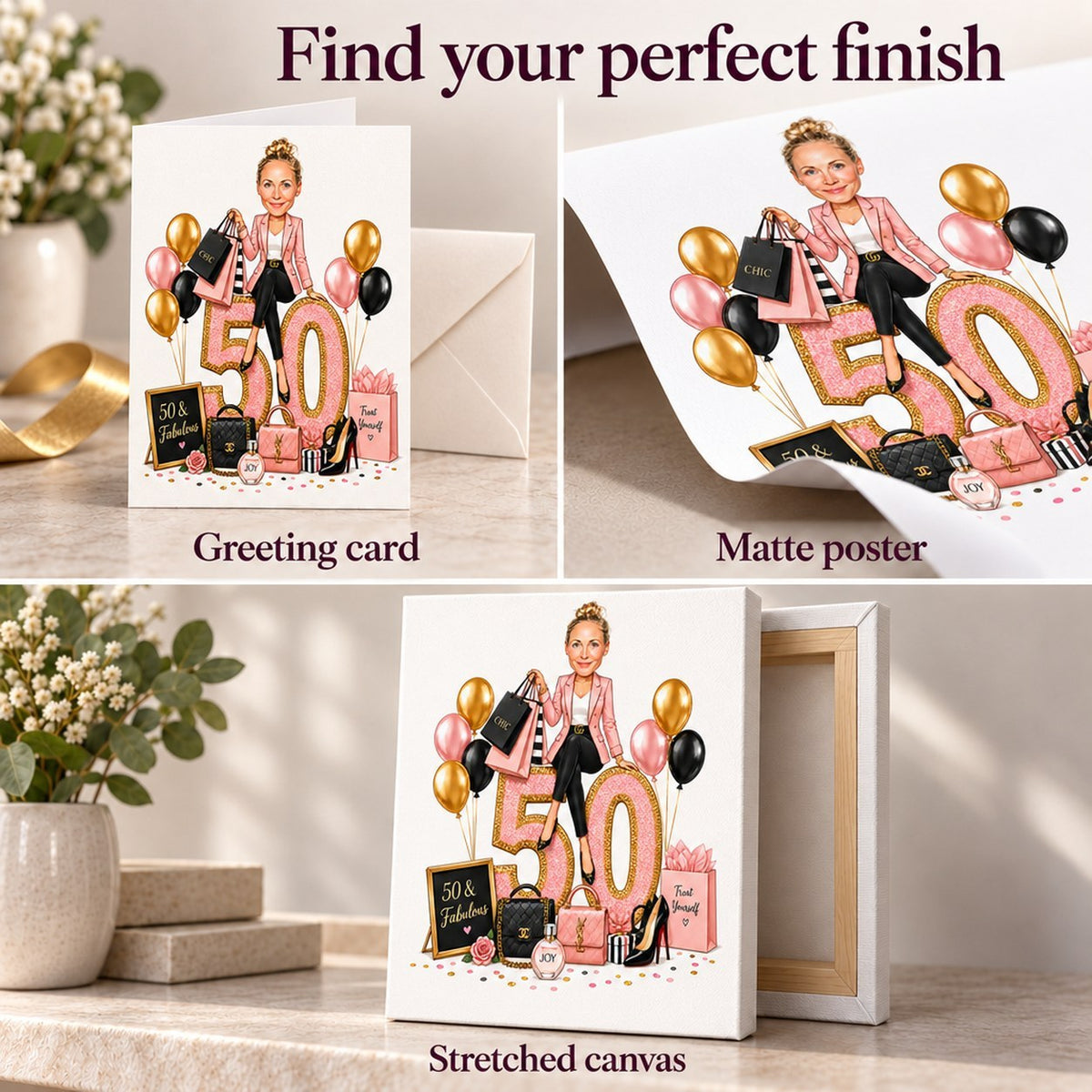 Closeups of greeting card, matte poster surfaces, and stretched canvas edges, unframed