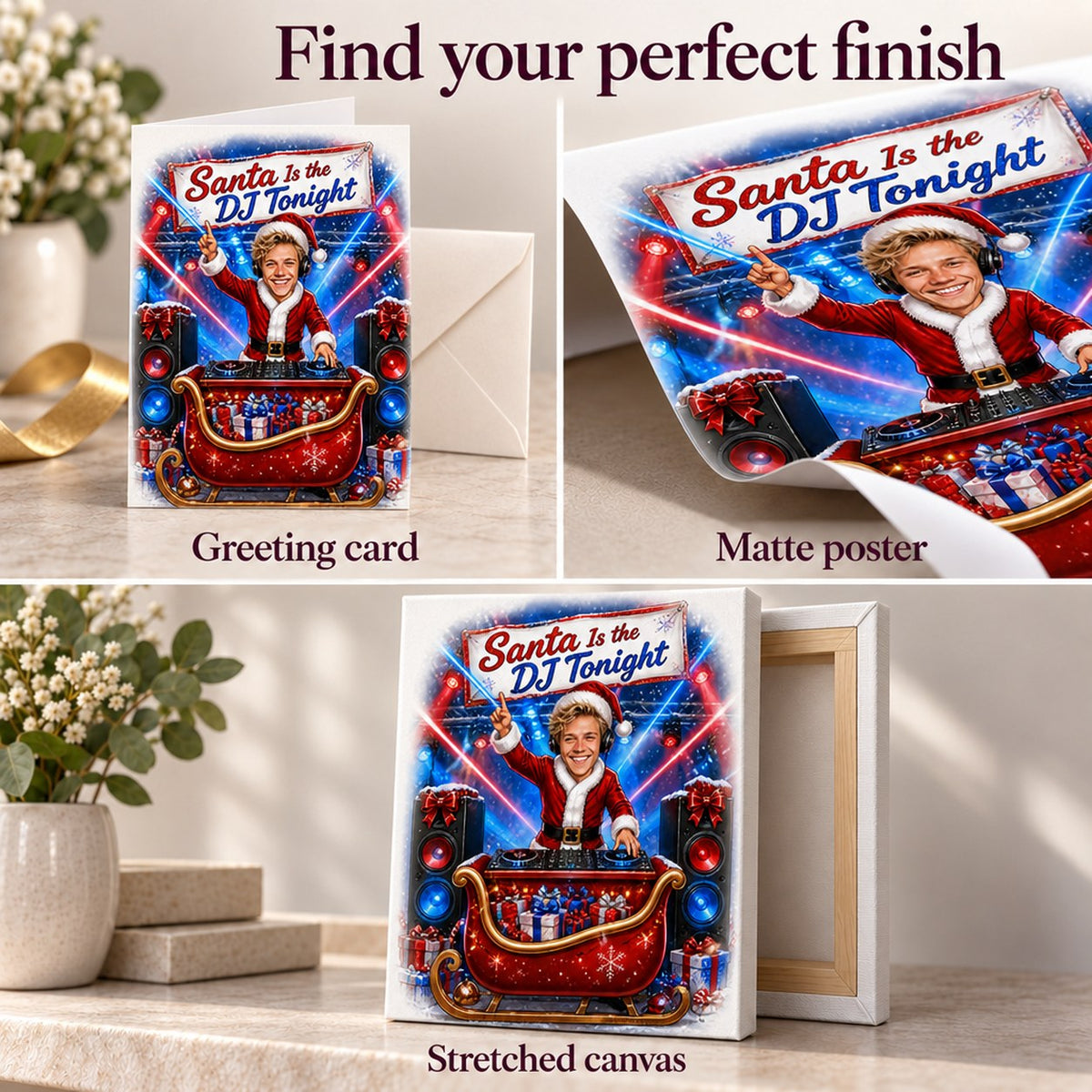 Matte poster, 5x7 greeting card with envelope, and stretched canvas ready to hang