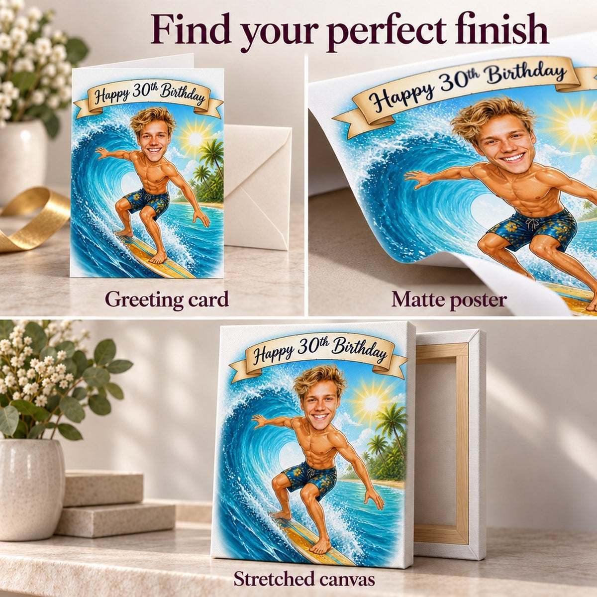 Greeting card, matte poster, and stretched canvas finishes shown with texture details