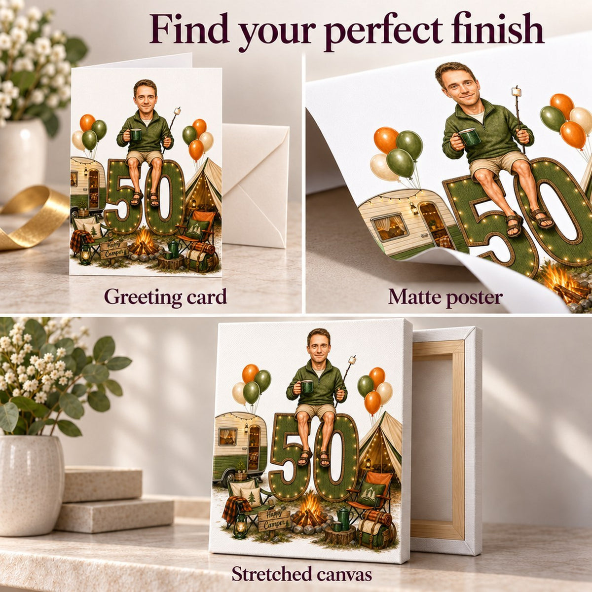 Matte poster, 5x7 greeting card with envelope, and stretched canvas finish closeups.