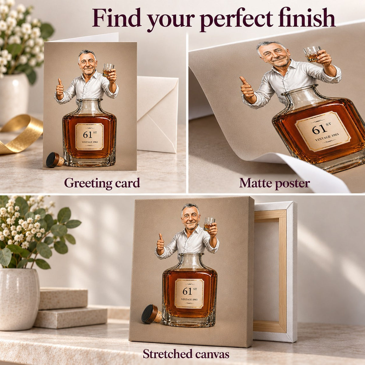Greeting card, matte poster and stretched canvas finishes of whiskey birthday caricature design.