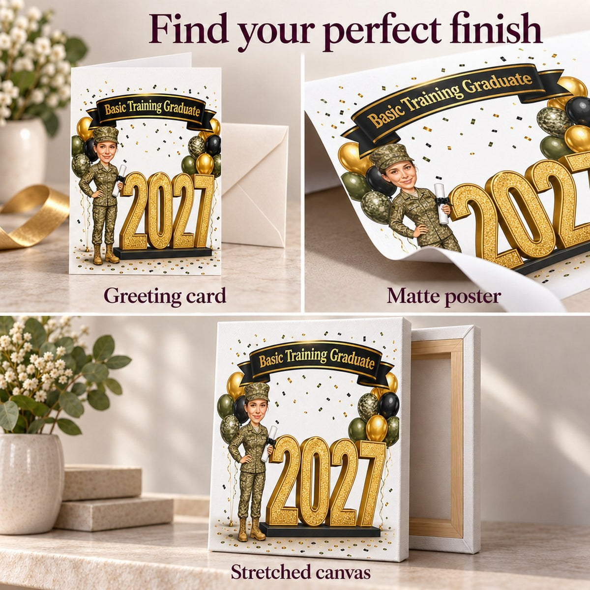 Greeting card with envelope, matte poster print, and stretched canvas ready to hang.