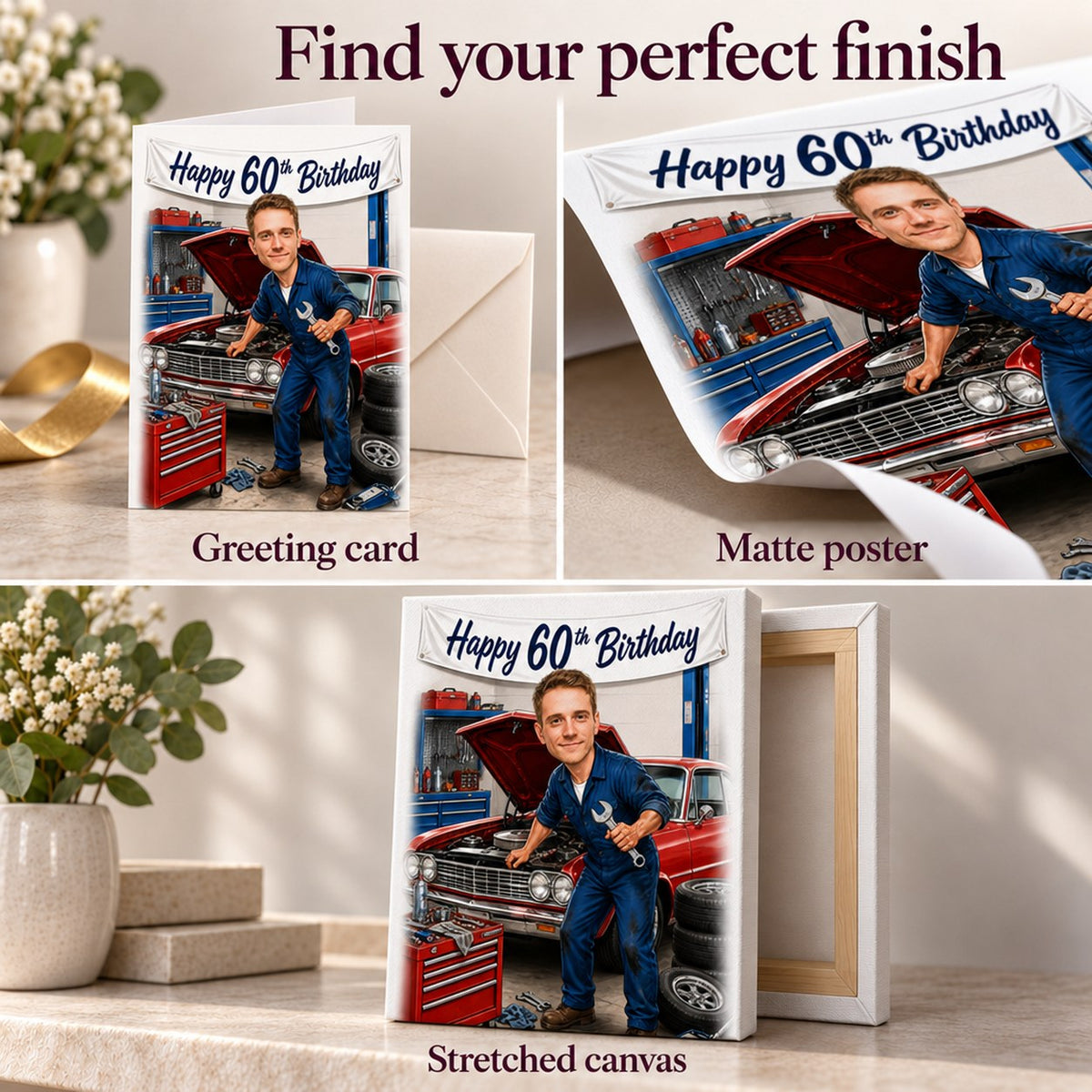 Matte poster, greeting card, and stretched canvas finishes shown close-up.