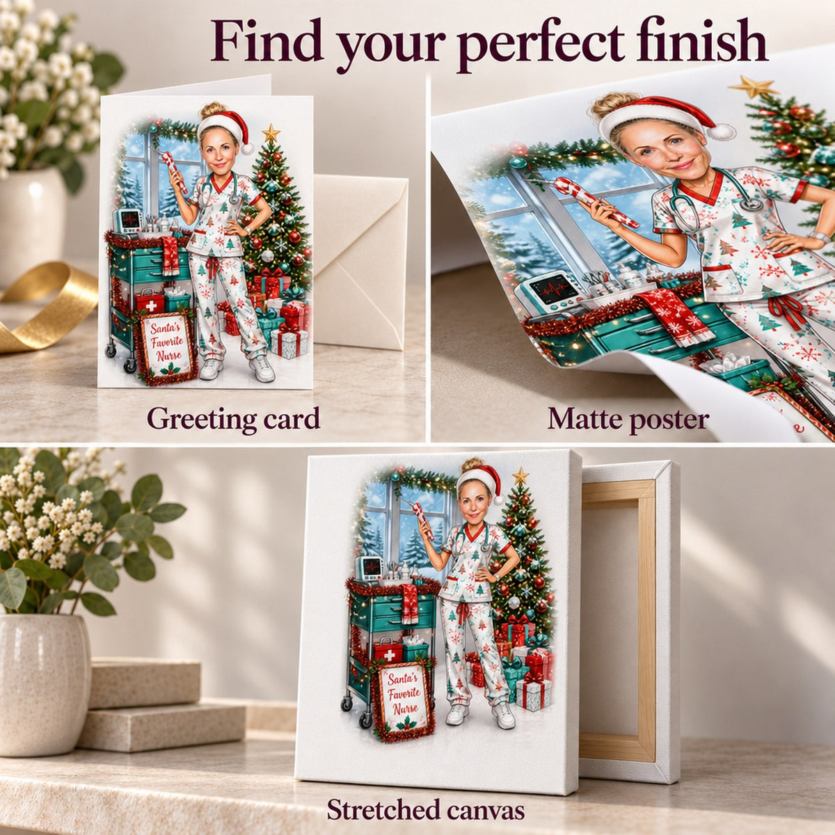 Detail views of matte poster texture, stretched canvas edges, and greeting card.
